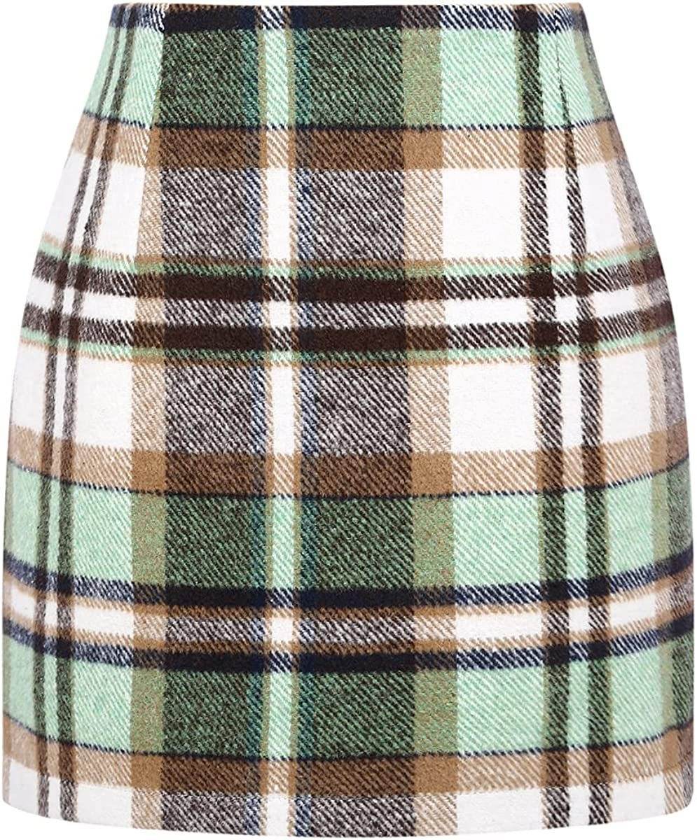 Women's High Waist Plaid Tight Pencil Wool Mini Skirt