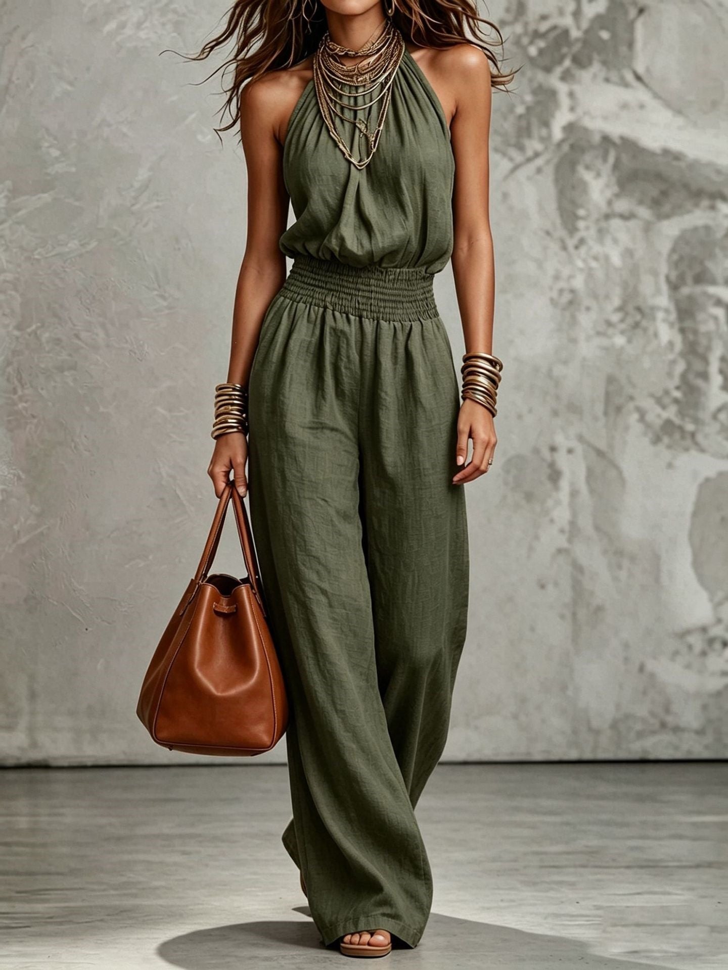 Women's Halter Neck Backless Wide-Leg Jumpsuit | Sleeveless Lace-Up Onesie