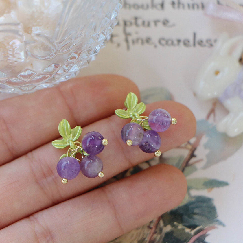 Female Purple Blueberry Fruit Beaded Earrings