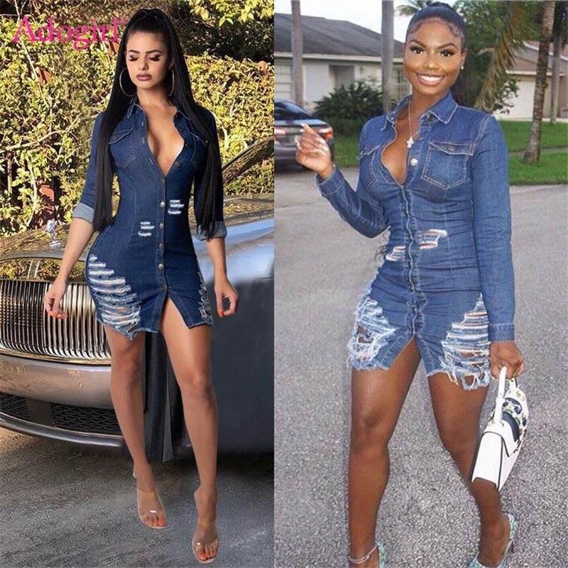 Chic Fashion Fitted Ripped Long Sleeve Jeans Denim hip dress