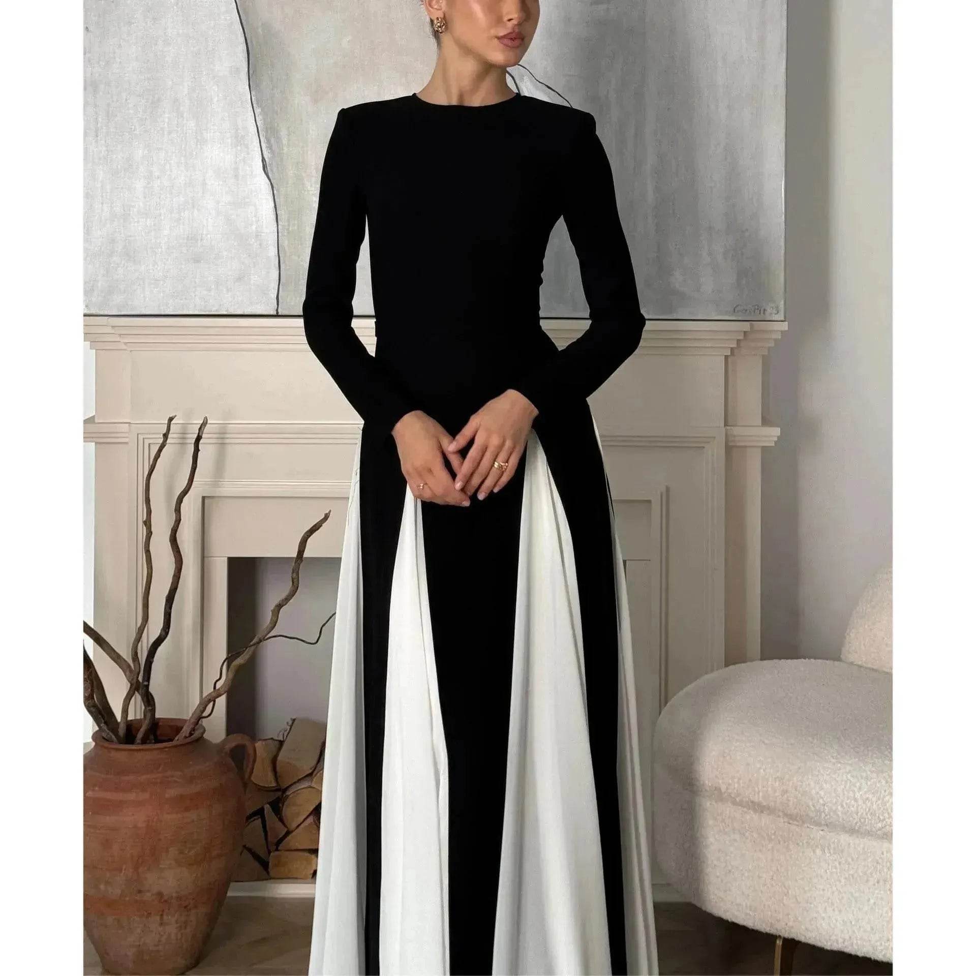 Luxury Classy Women's Black And White Stitching Long Sleeve Dress  Long Skater Dress Flared Dress for Wedding  Evening Party Cocktail Dress