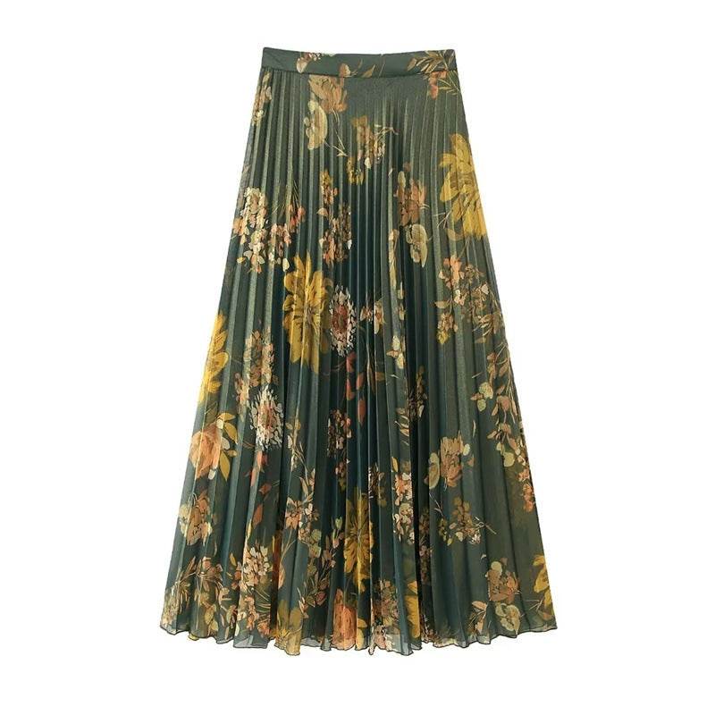 2pcs Floral Satin Skirt suit Long sleeve button shirt and Pleated Midi Skirt Outfit set