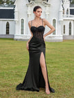 Black Satin Corset Gown with Lace Bodice and High Slit – Elegant Evening Dress