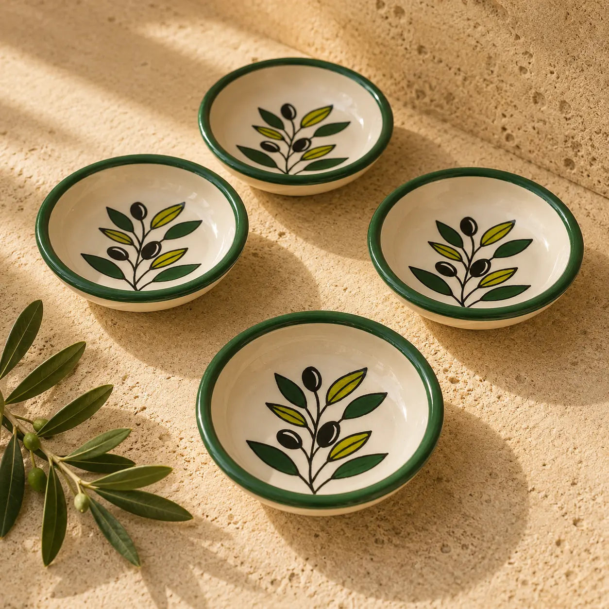 Pack of 6 Small Ceramic Appetizer & Dessert Plate – 9 cm, Handmade Luxury Plate with Olive Branch Design