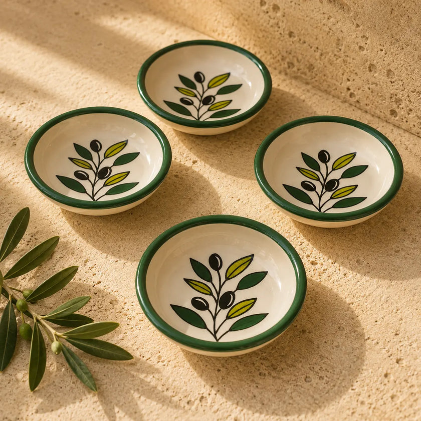 Pack of 6 Small Ceramic Appetizer & Dessert Plate – 9 cm, Handmade Luxury Plate with Olive Branch Design