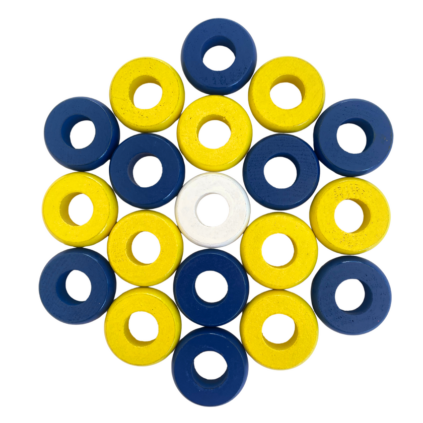 32 Blue and Yellow Carrom / Pichenotte / Croquignole Rings - (Blue / Yellow / Natural / Black / White) - Anneaux De Pichenottes - Game Accessories / Accessoires De Jeu