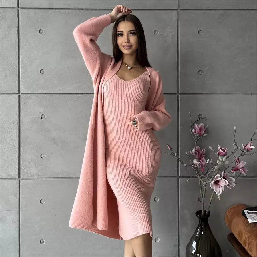 Women 2pcs Winter outfit set  Long dress Cashmere Long Cardigan Jacket