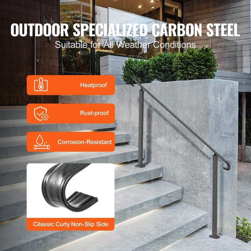 Handrails For Outdoor Steps, Fit 3-5 Steps Outdoor Stair Railing, Wrought Iron Handrail, Flexible Front Porch Hand Rail, Black Transitional Hand Railings For Concrete Steps Or Wooden Stairs