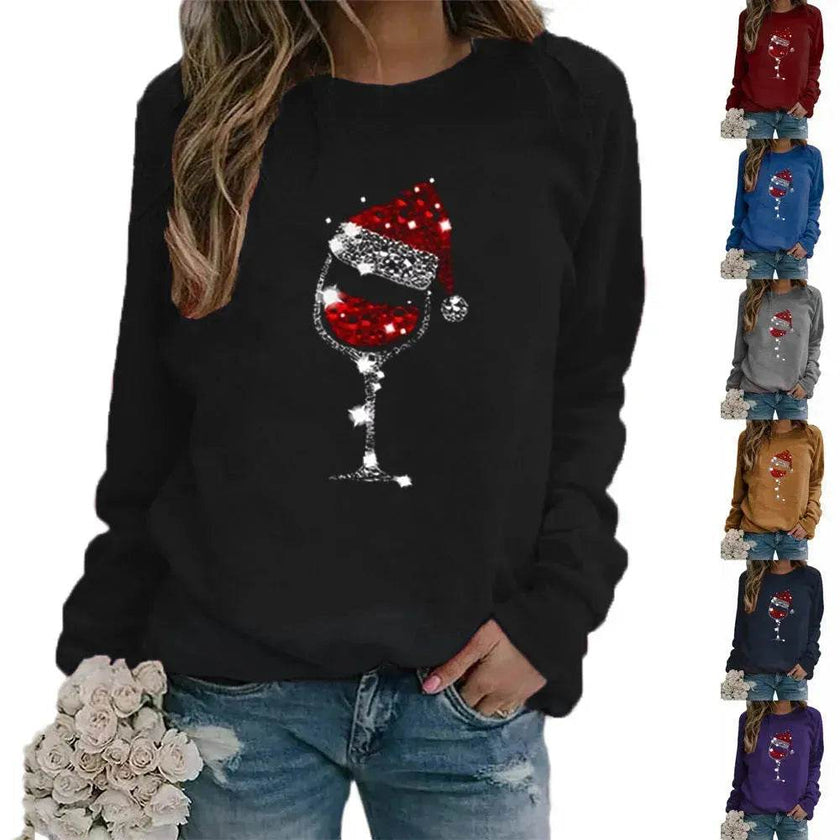 Clothing Christmas Women's Sweater Christmas Hat Red Wine Glass Graphic Print Crew Neck Long-sleeved Sweater
