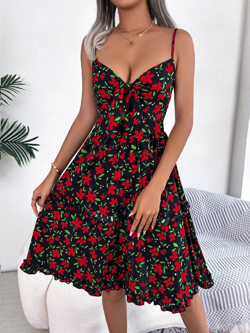 Spring And Summer Leisure Floral Spaghetti floral Midi Dress