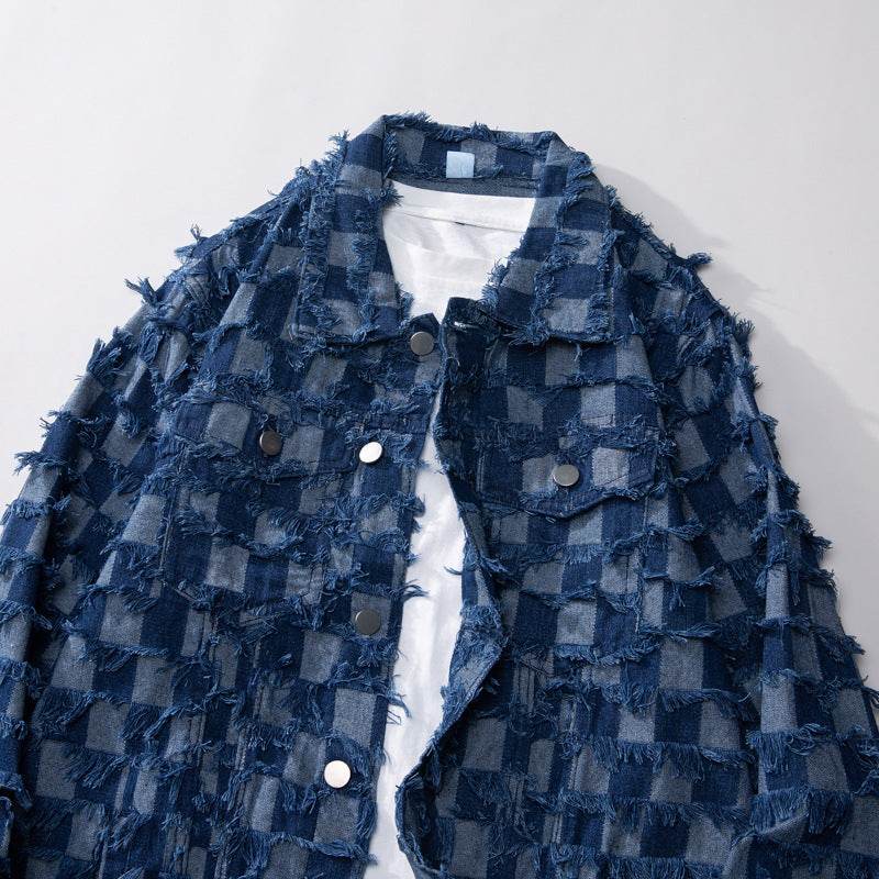 Luxury Hip pop Plaid Checkered Tassel fringe Oversized Denim Jacket for men