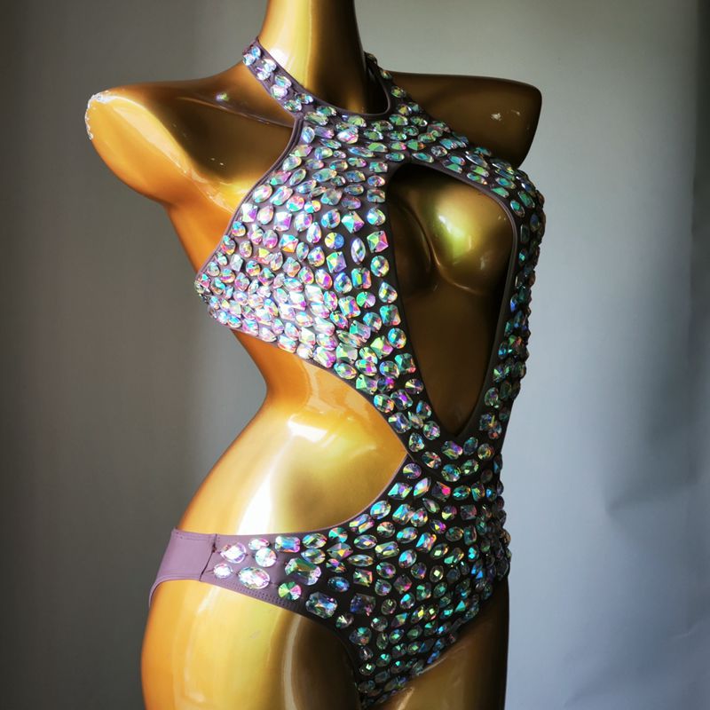 Women's Mesh Diamond One-Piece Swimsuit – Rhinestone Sheer Overlay Swimwear