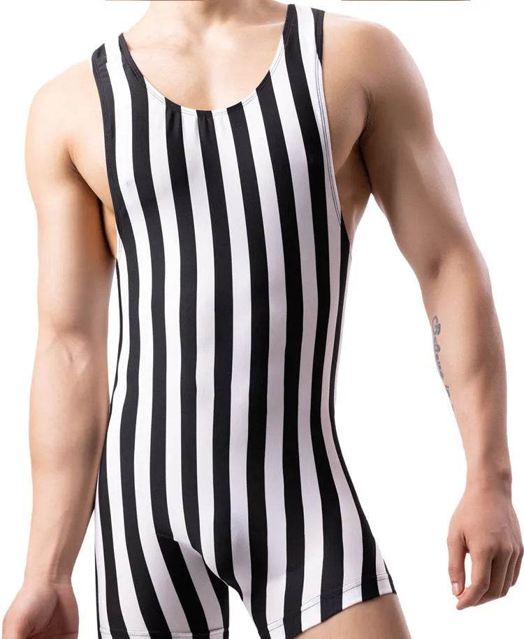 New Vertical Striped Pajamas Sports Swimming Brief Bodysuit for men