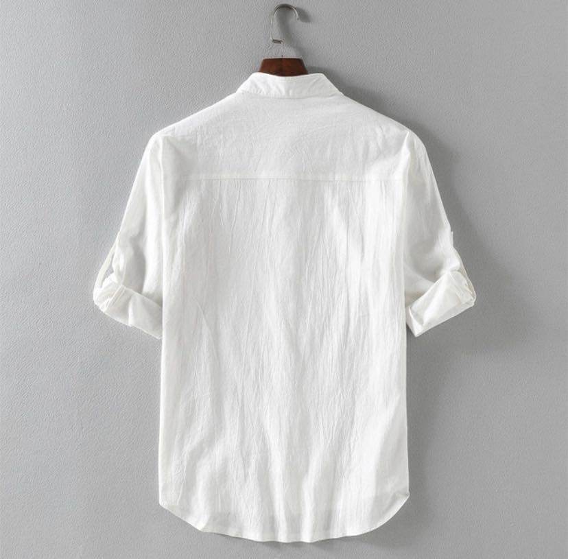 Men's Linen Stand Collar Loose Shirt – Korean Style Casual Cotton Shirt