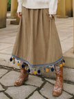 Corduroy Ethnic Style Fur Ball Stitching Brown High Waist Tassel Versatile Maxi Skirt