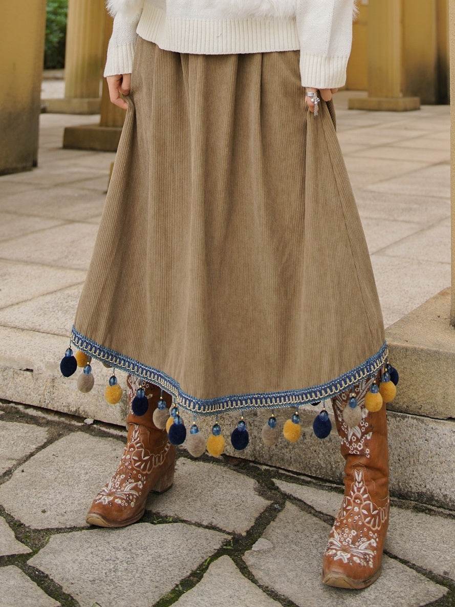 Corduroy Ethnic Style Fur Ball Stitching Brown High Waist Tassel Versatile Maxi Skirt