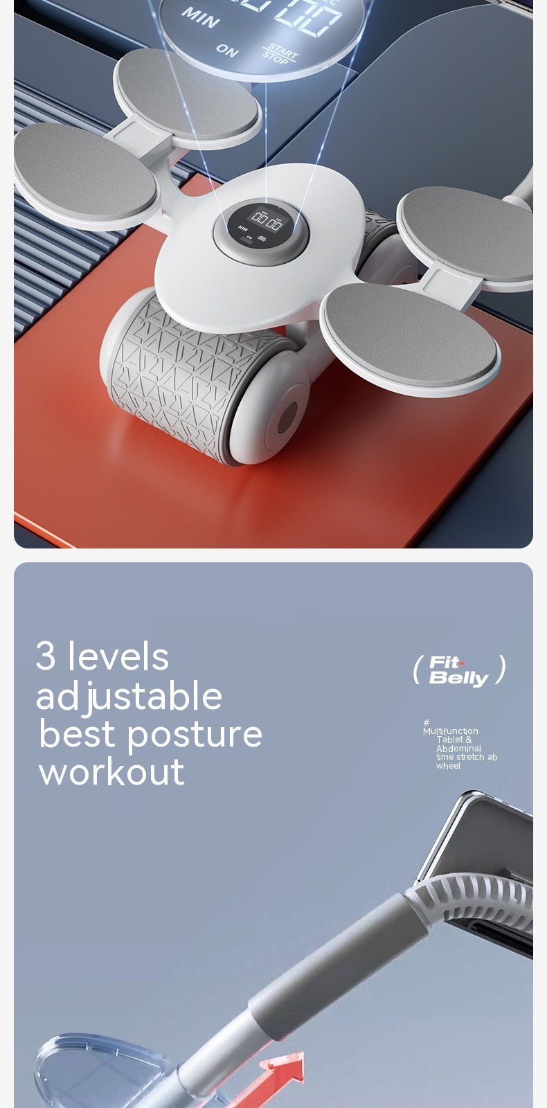 Multifunctional Ab Wheel Roller with Auto-Rebound, LCD Timer & Phone Holder – Gray