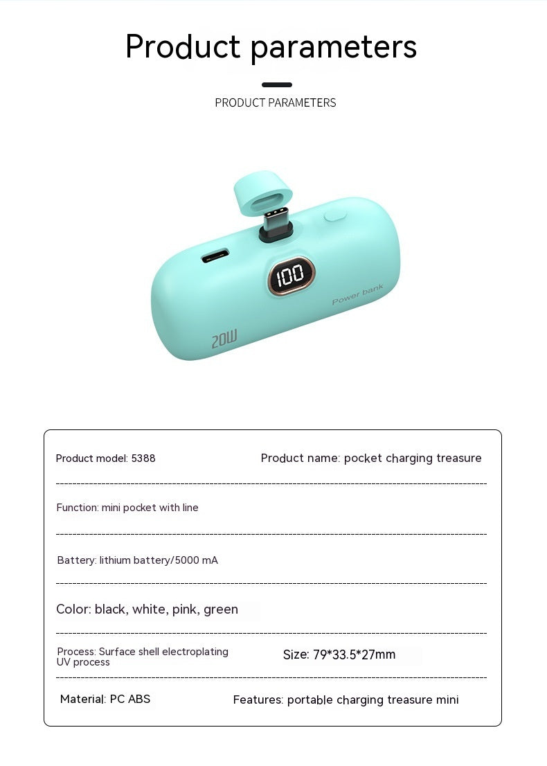 Mini Capsule Power Bank 5000mAh – Black, Pink, Green & White | Android, USB-C & Apple Cable