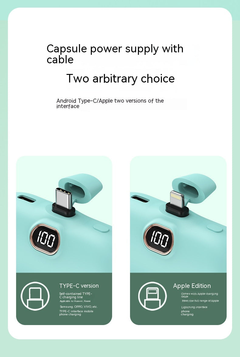 Mini Capsule Power Bank 5000mAh – Black, Pink, Green & White | Android, USB-C & Apple Cable