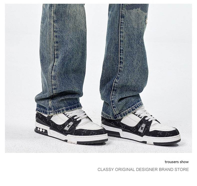 American Style Loose Broken Patch Straight Retro Denim Jeans pant Trousers Men