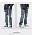 American Style Loose Broken Patch Straight Retro Denim Jeans pant Trousers Men