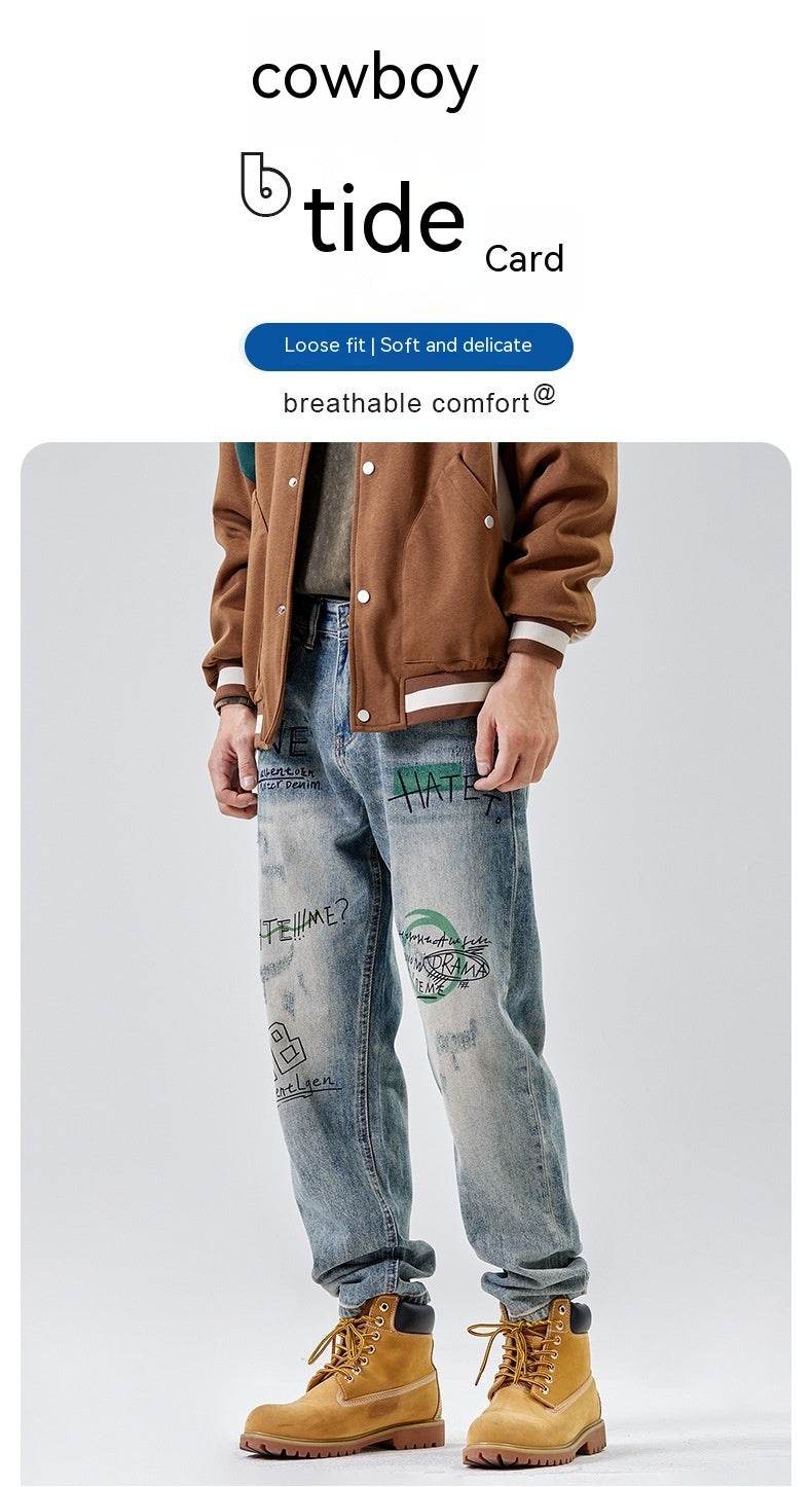 American Print Denim Casual jeans pant Loose Straight Dad Trousers For Men