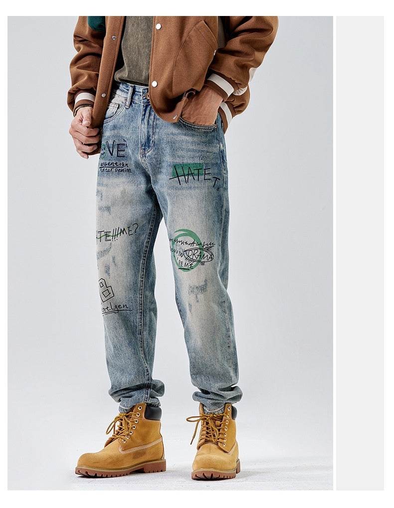 American Print Denim Casual jeans pant Loose Straight Dad Trousers For Men