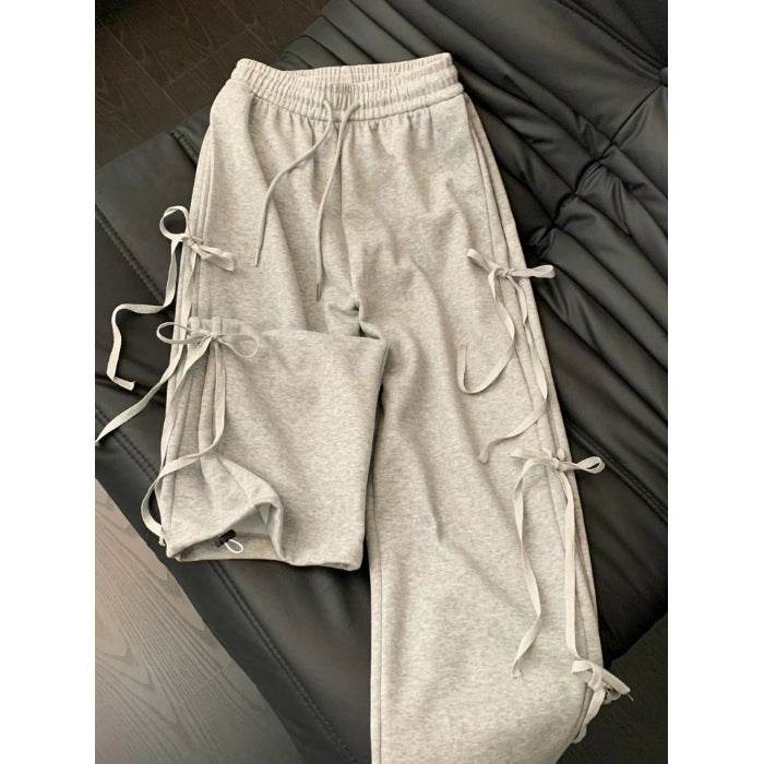 Fashion Vintage Bow lace up Drawstring Wide leg sweat pant for women