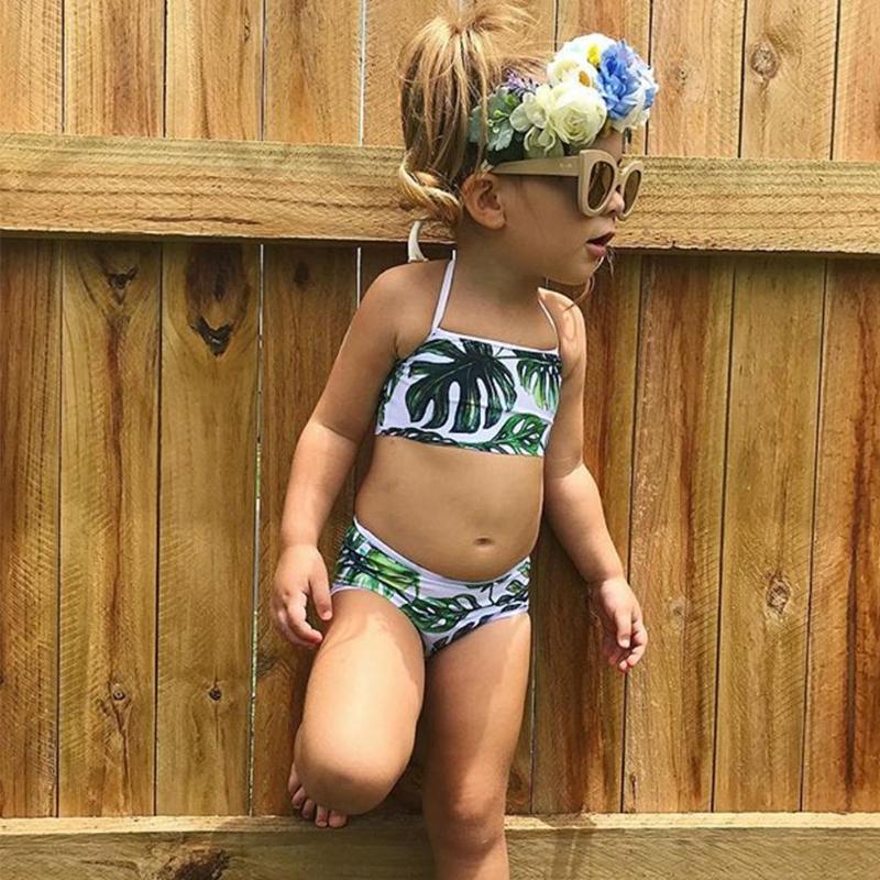Baby Girls 2-Piece Split Swimsuit – Leaf Print Polyester Swimwear for Kids (80–120cm)