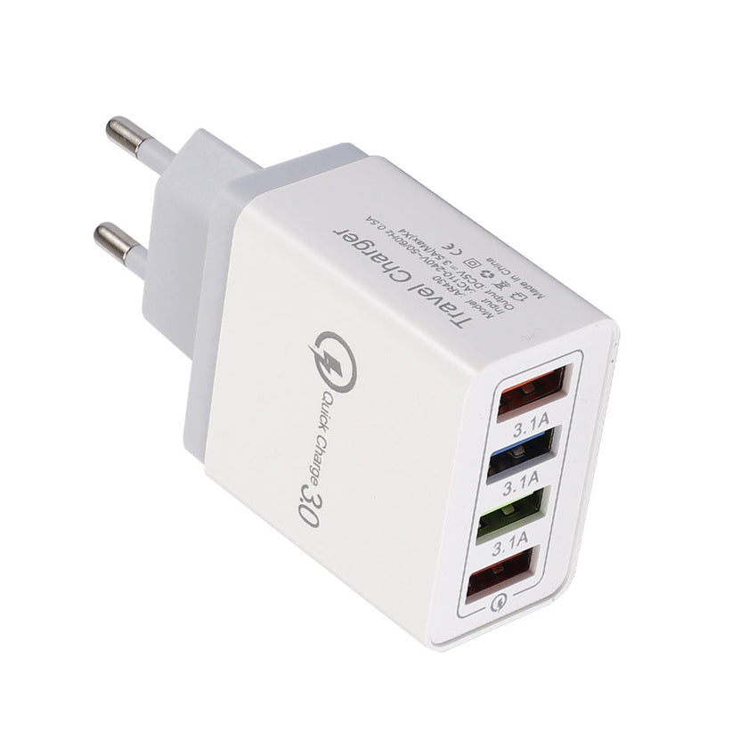 4-Port USB Wall Charger with Quick Charge 3.0 – EU, UK & US Plug | Multi-Colour