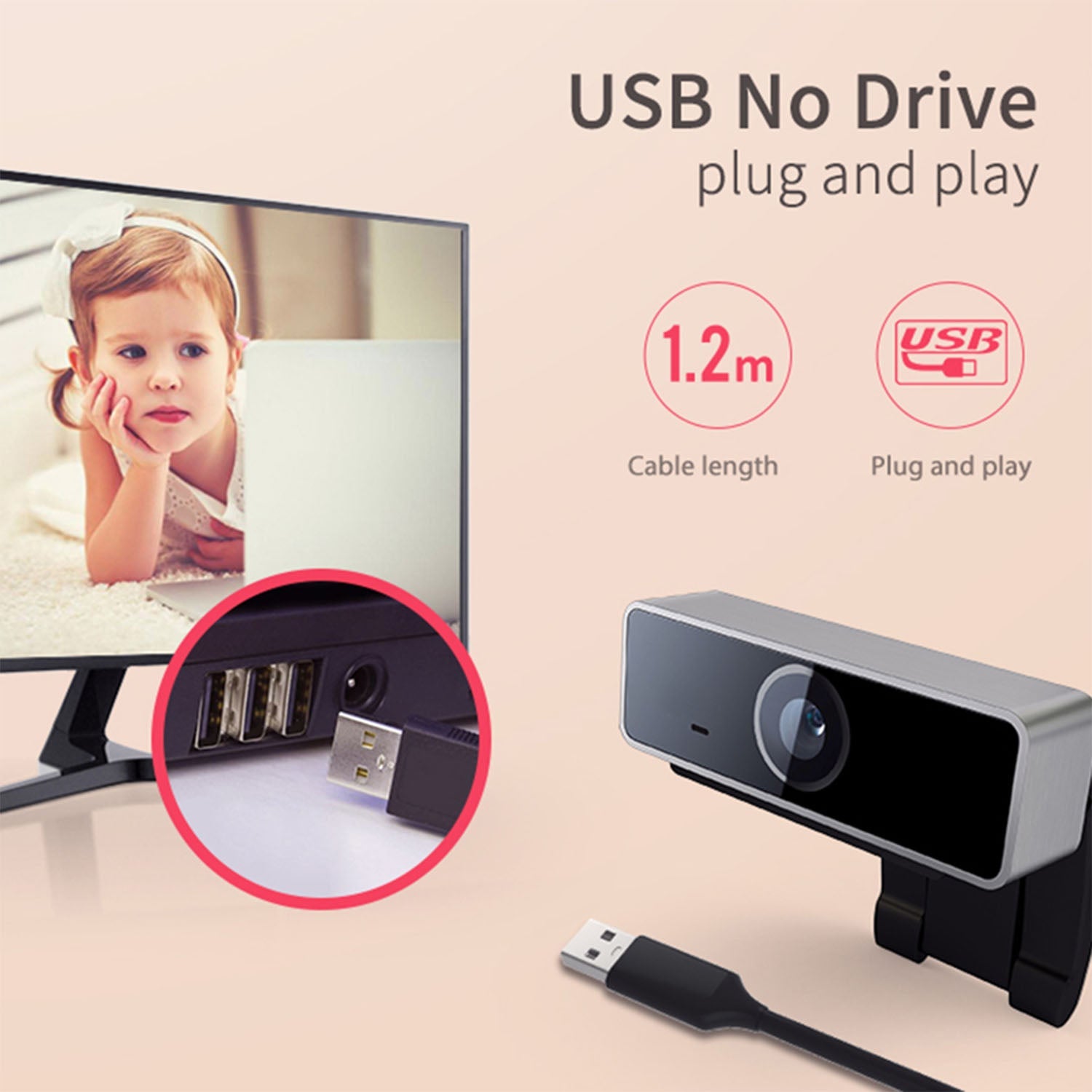 1080P USB Webcam with Autofocus, 60° Wide Angle and Built-In Microphone