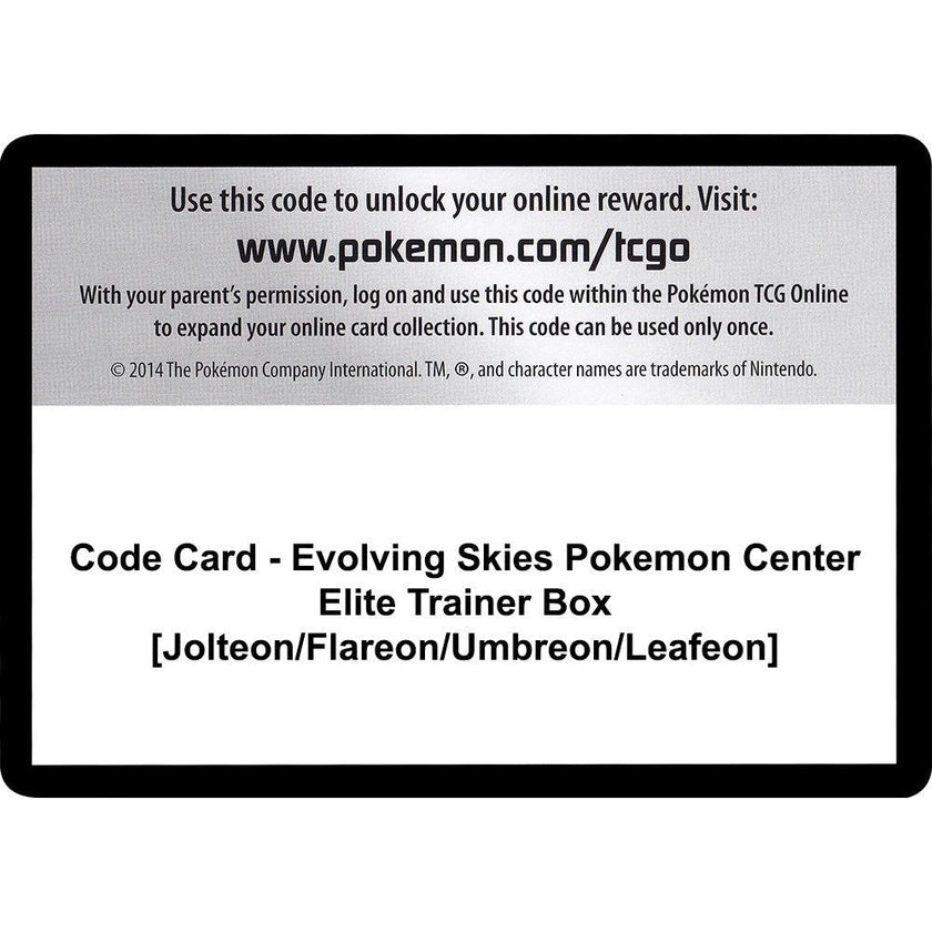 Code Card - Evolving Skies Pokemon Center Elite Trainer Box [Jolteon/Flareon/Umbreon/Leafeon] (SWSH07)