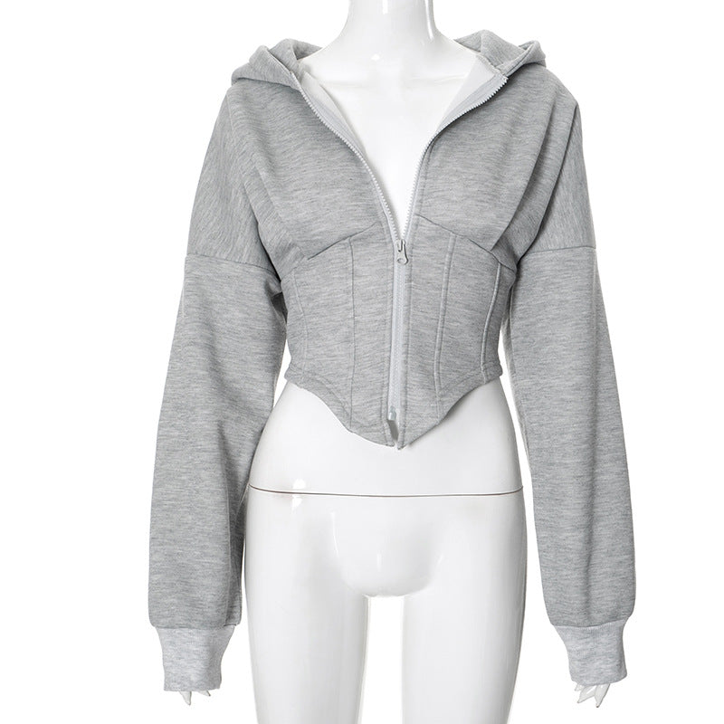 Y2K Slim-Fit Zip-Up Corset Hoodie – Long Sleeve Street Fashion Cardigan in Grey & White (S–L)