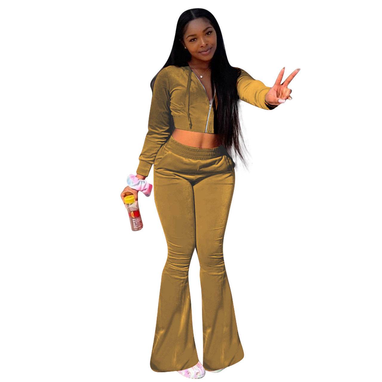 Women 2pcs Velvet Hoodie Wide leg Pant Crop top sweatsuit Athleisure Outfit