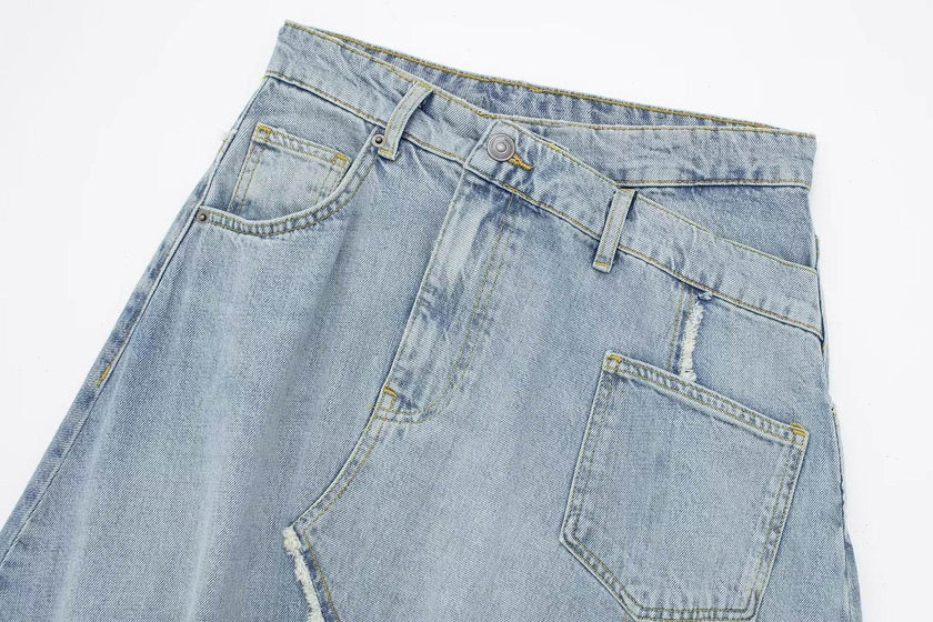 Fashionable Asymmetric High Waist Midi Denim Split Skirt