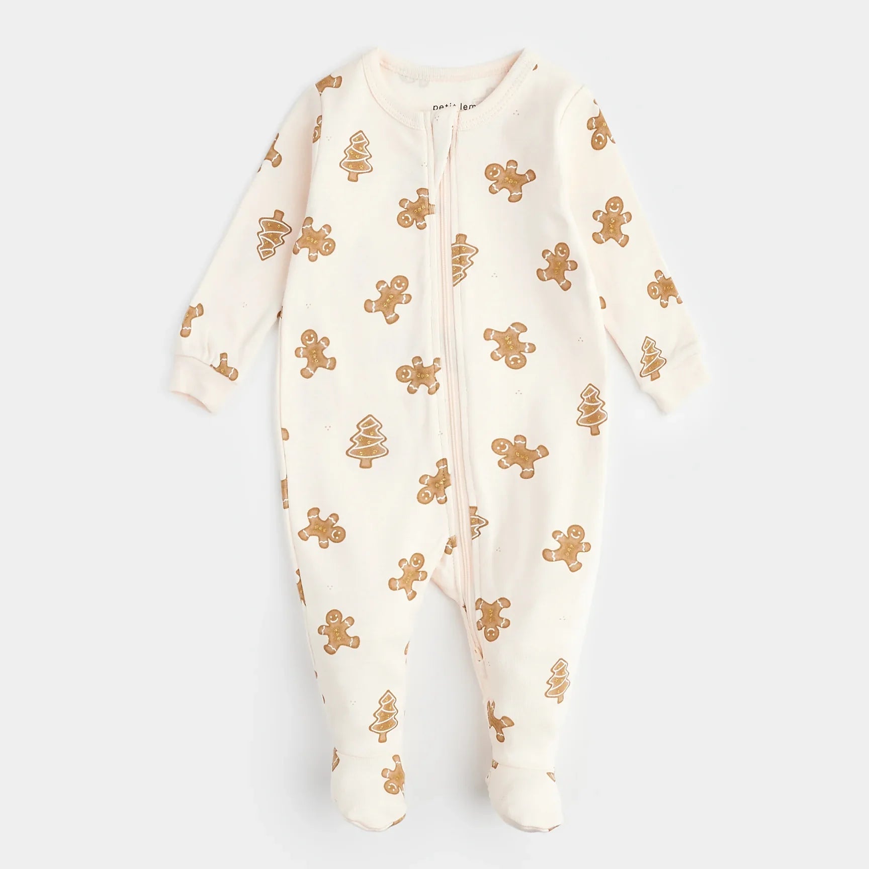 Gingerbread Print on Silver Peony Sleeper | Petit Lem