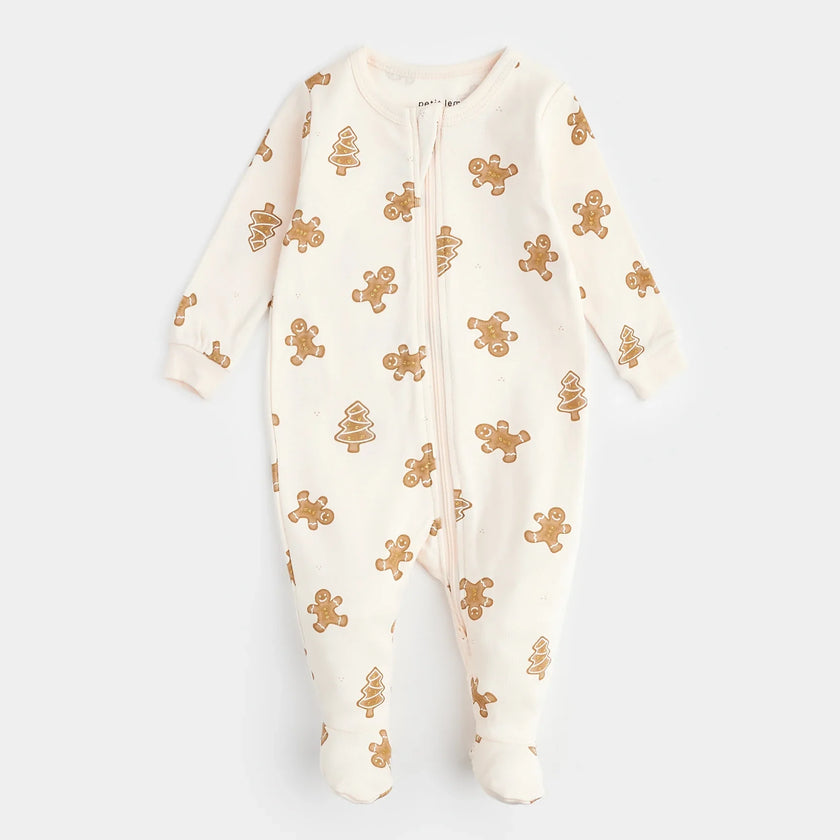 Gingerbread Print on Silver Peony Sleeper | Petit Lem