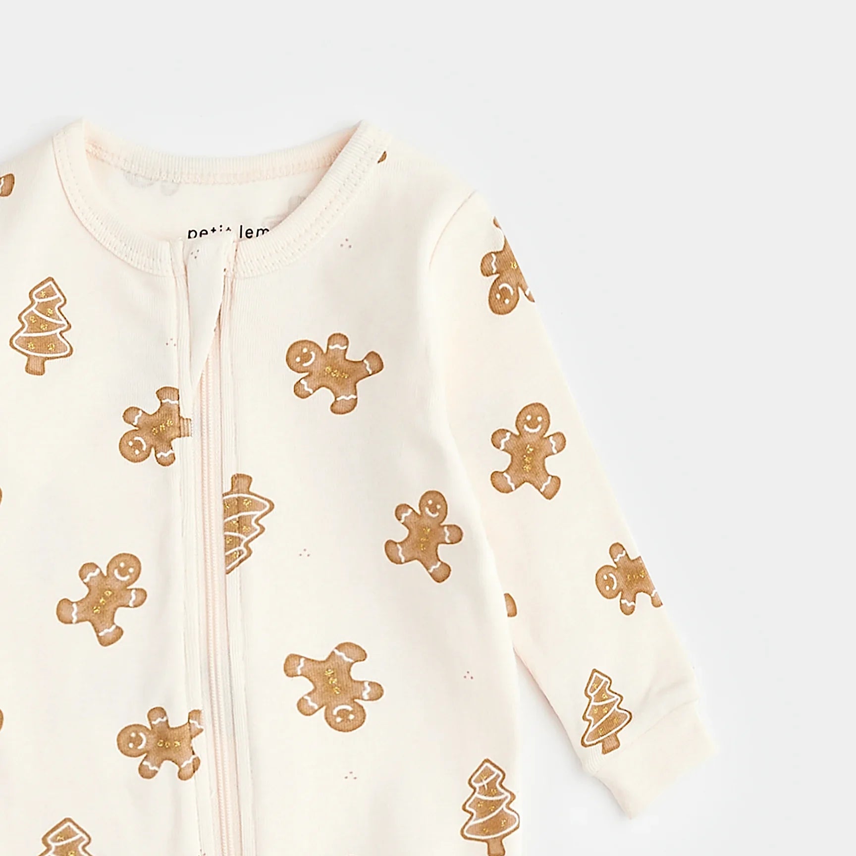 Gingerbread Print on Silver Peony Sleeper | Petit Lem
