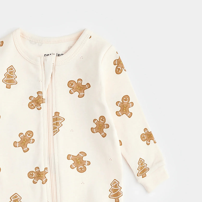 Gingerbread Print on Silver Peony Sleeper | Petit Lem