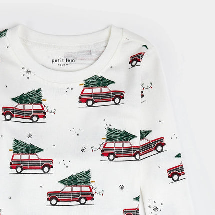 Festive Cars Print on Off-White PJ Set | Petit Lem