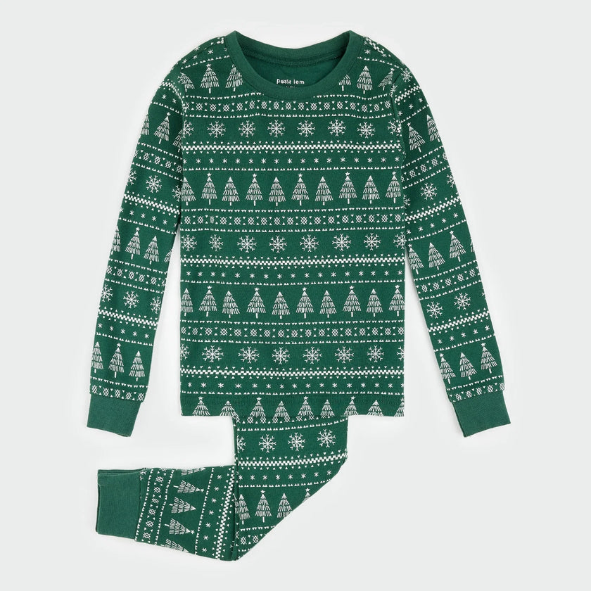 Festive Firs Fair Isle Print on Evergreen PJ Set | Petit Lem