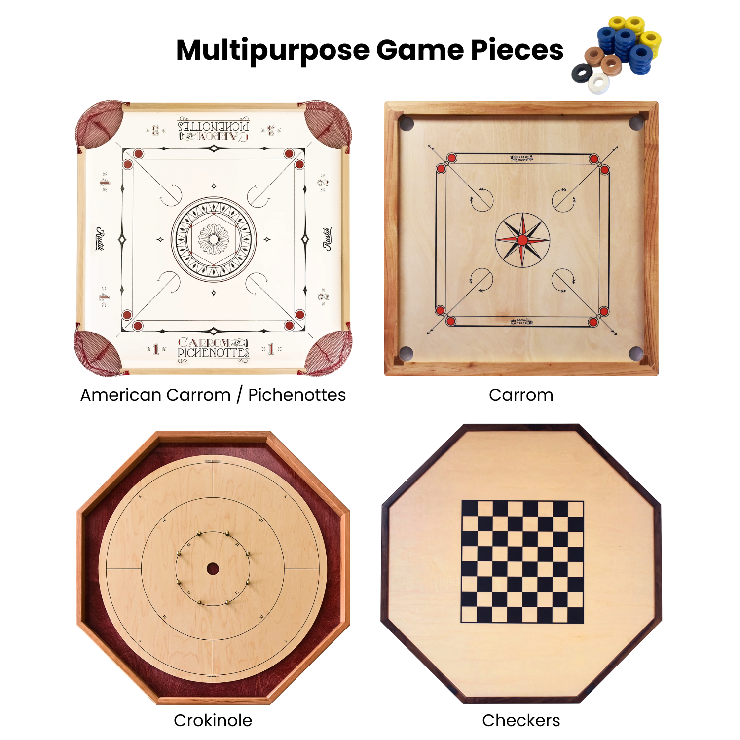 32 Blue and Yellow Carrom / Pichenotte / Croquignole Rings - (Blue / Yellow / Natural / Black / White) - Anneaux De Pichenottes - Game Accessories / Accessoires De Jeu