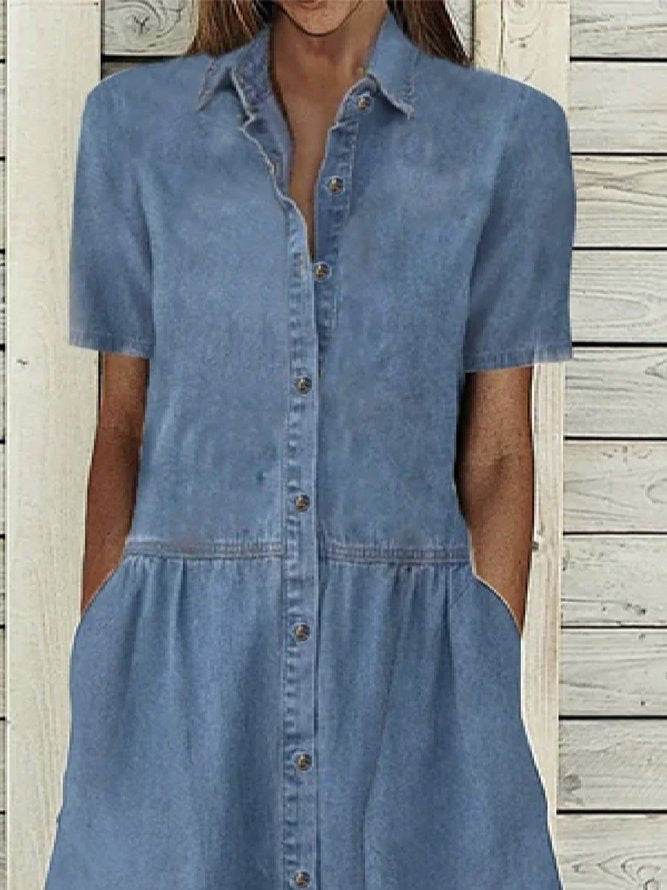 Women's European And American Lapel Casual loose button down Midi Denim jeans Mum Dress