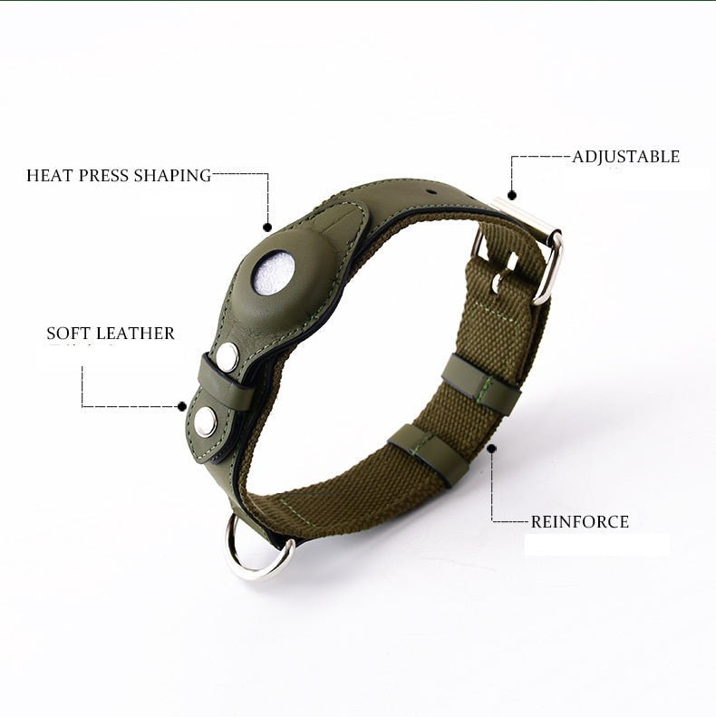 AirTag Dog Collar with Holder – Adjustable Leather & Canvas Pet Collar for Medium & Large Dogs