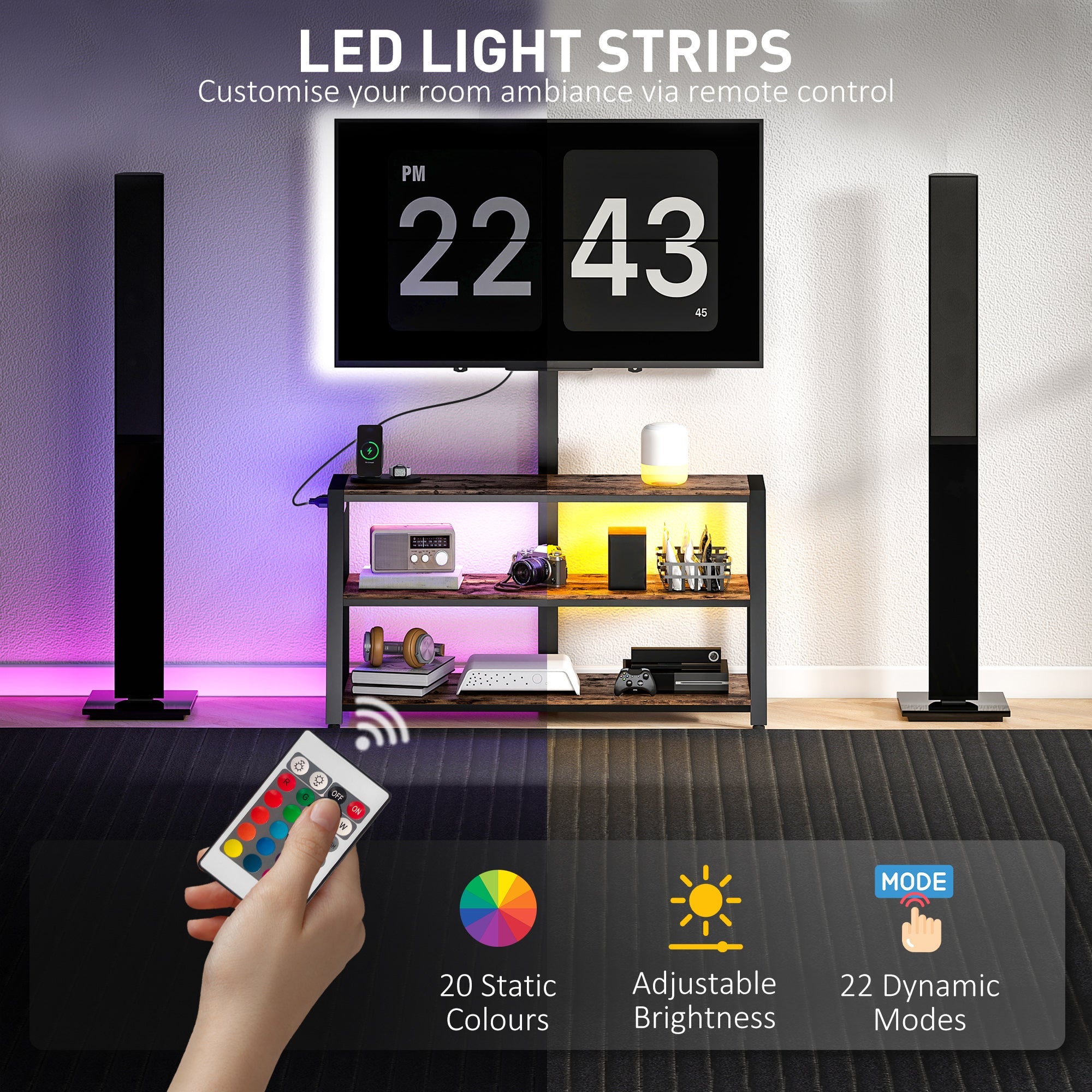 Bay TV Stand with Swivel Mount, Power Outlet and LED Lights for 32-70