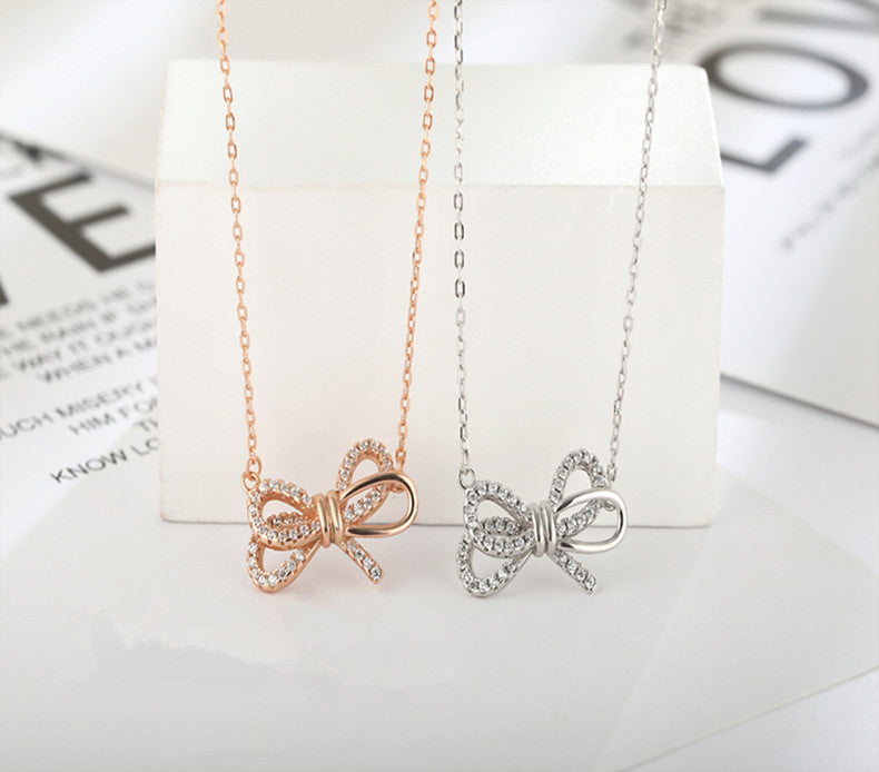 Women's Bow Tie Pendant Collarbone Necklace – Rose Gold & White Gold