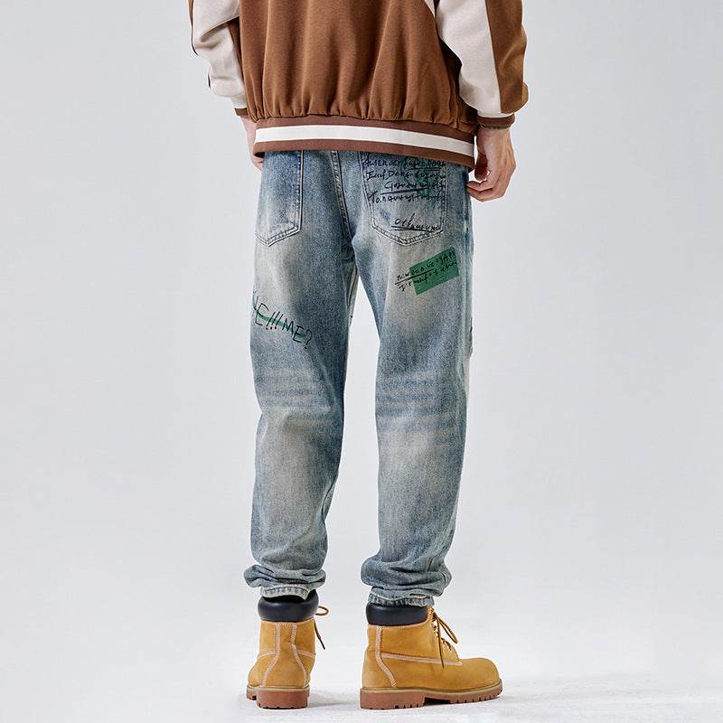 American Print Denim Casual jeans pant Loose Straight Dad Trousers For Men