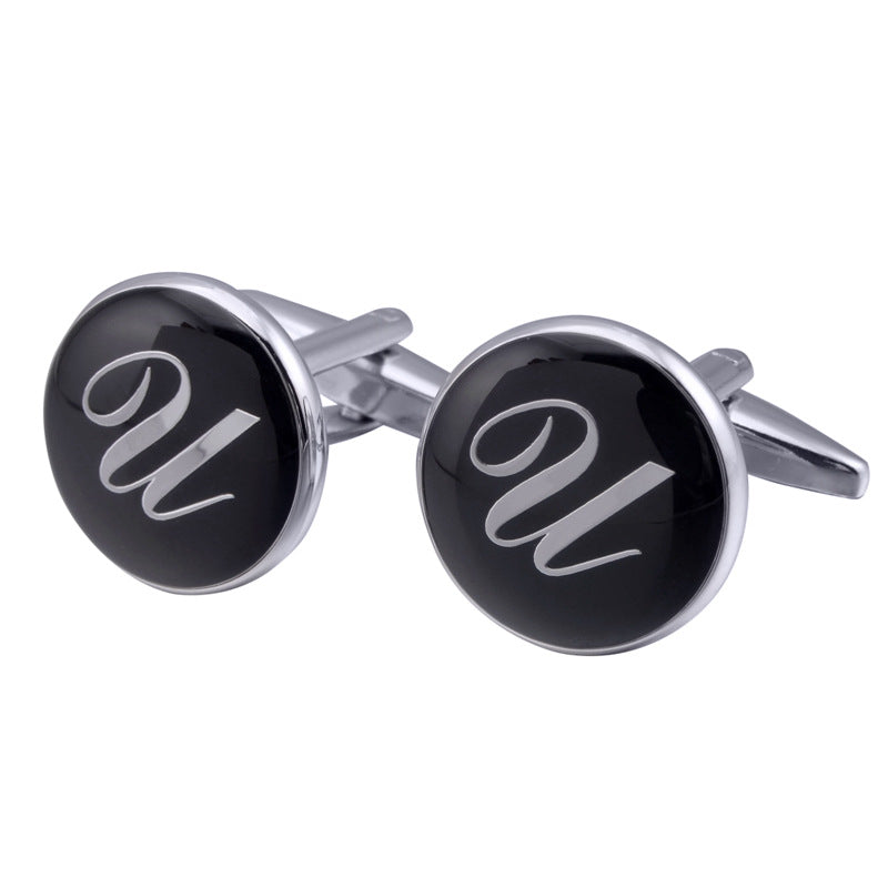Men's Black Round Enamel Initial Letter Cufflinks – Brass & Crystal Formal Cufflinks A–Y | Canada & USA
