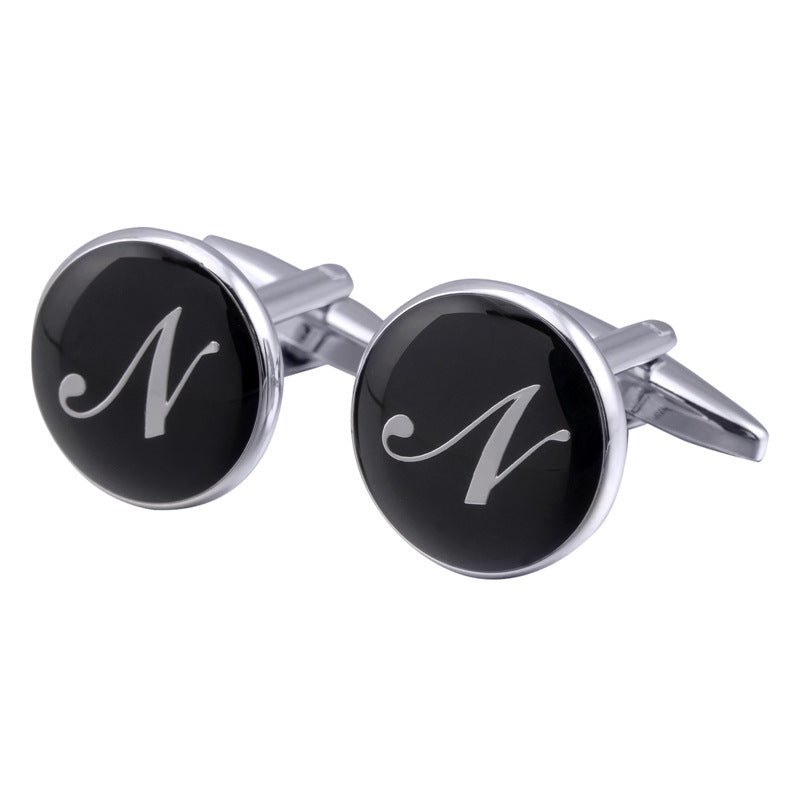 Men's Black Round Enamel Initial Letter Cufflinks – Brass & Crystal Formal Cufflinks A–Y | Canada & USA