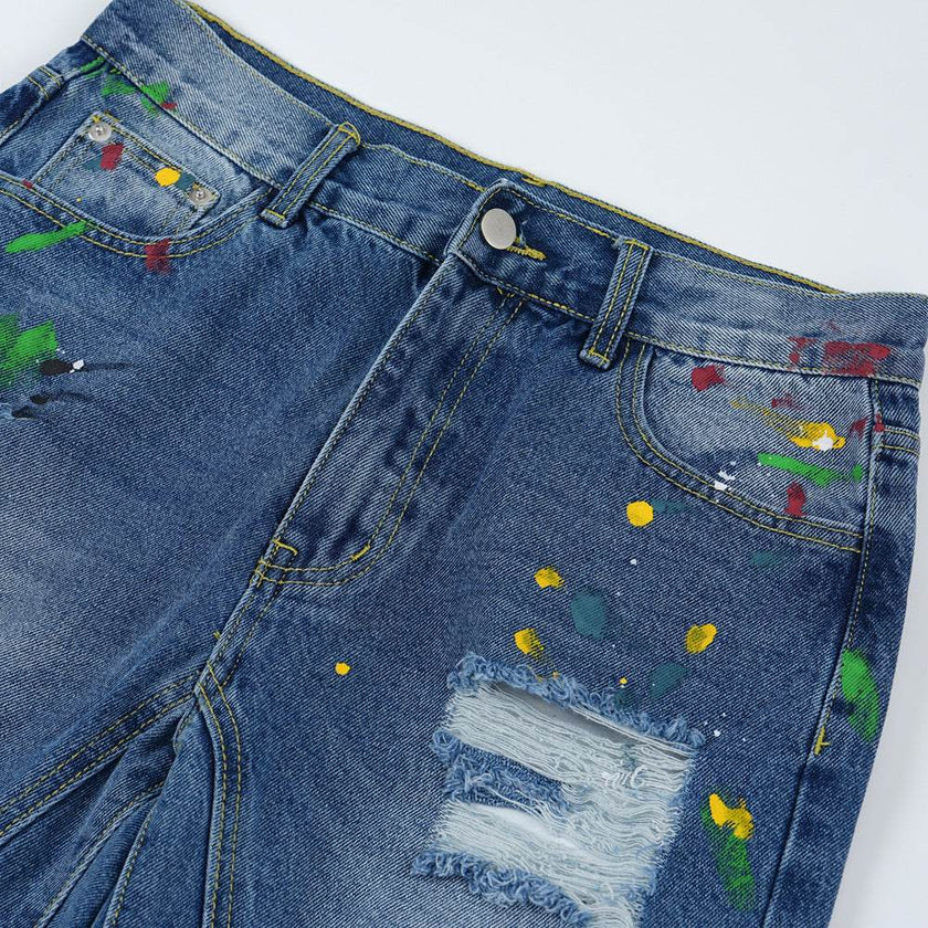 Ripped Paint Wide-leg Denim Trousers For Men Jeans